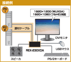 パソコン自動切替器 クロスインターフェイス接続・DVI/Audio対応（2台 