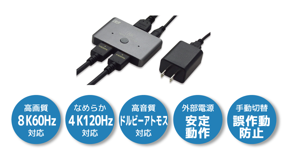 8K60Hz/4K120Hｚ対応2入力1出力HDMI切替器 RS-HDSW21-8K [RATOC]