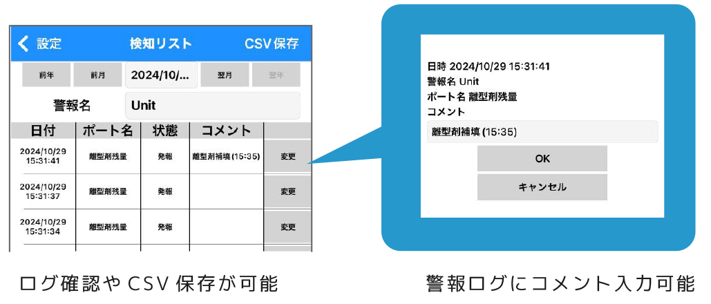 ログ確認やCSV保存が可能　警報ログにコメント入力可能